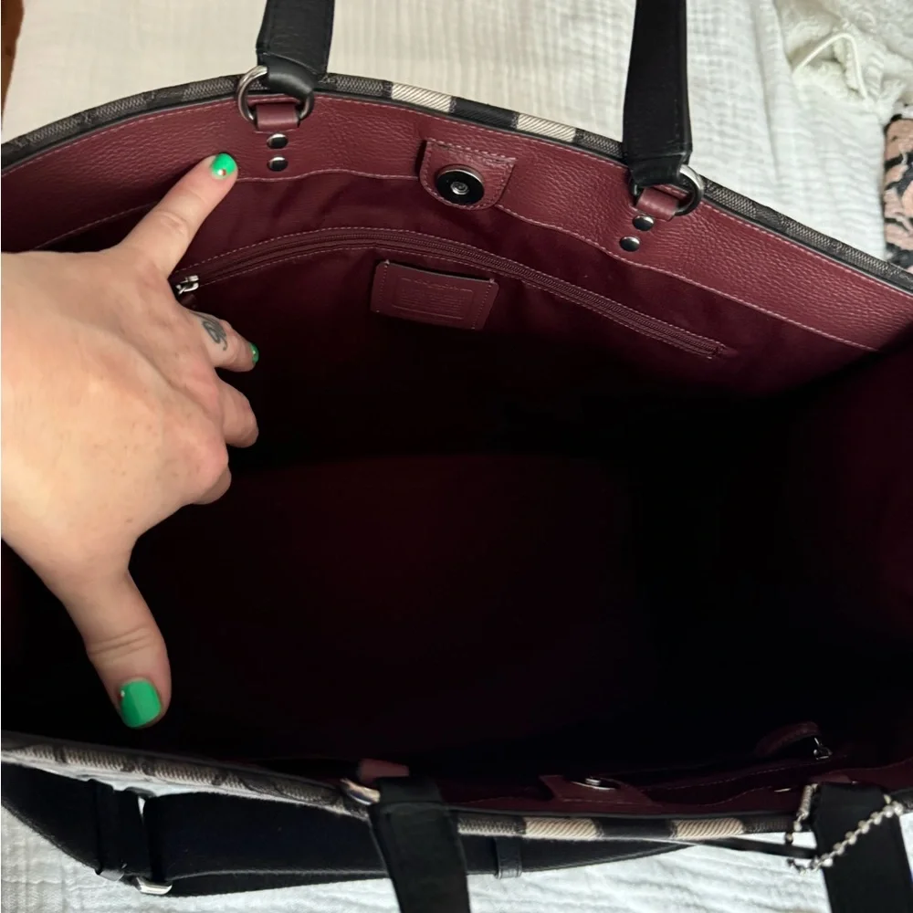 Coach Gray Signature Tote with Black Trim and Burgundy Interior